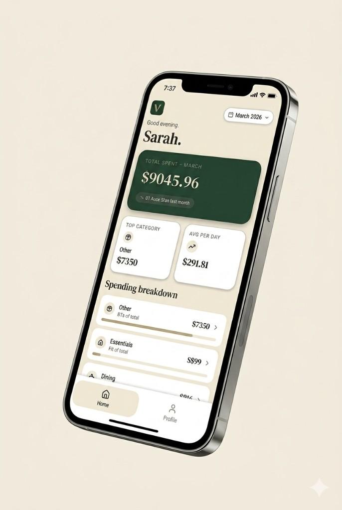Vela app on iPhone showing monthly spending overview